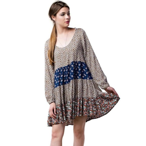 Kori America Mixed Print Tie Back Dress, Taupe - Picture 2 of 4